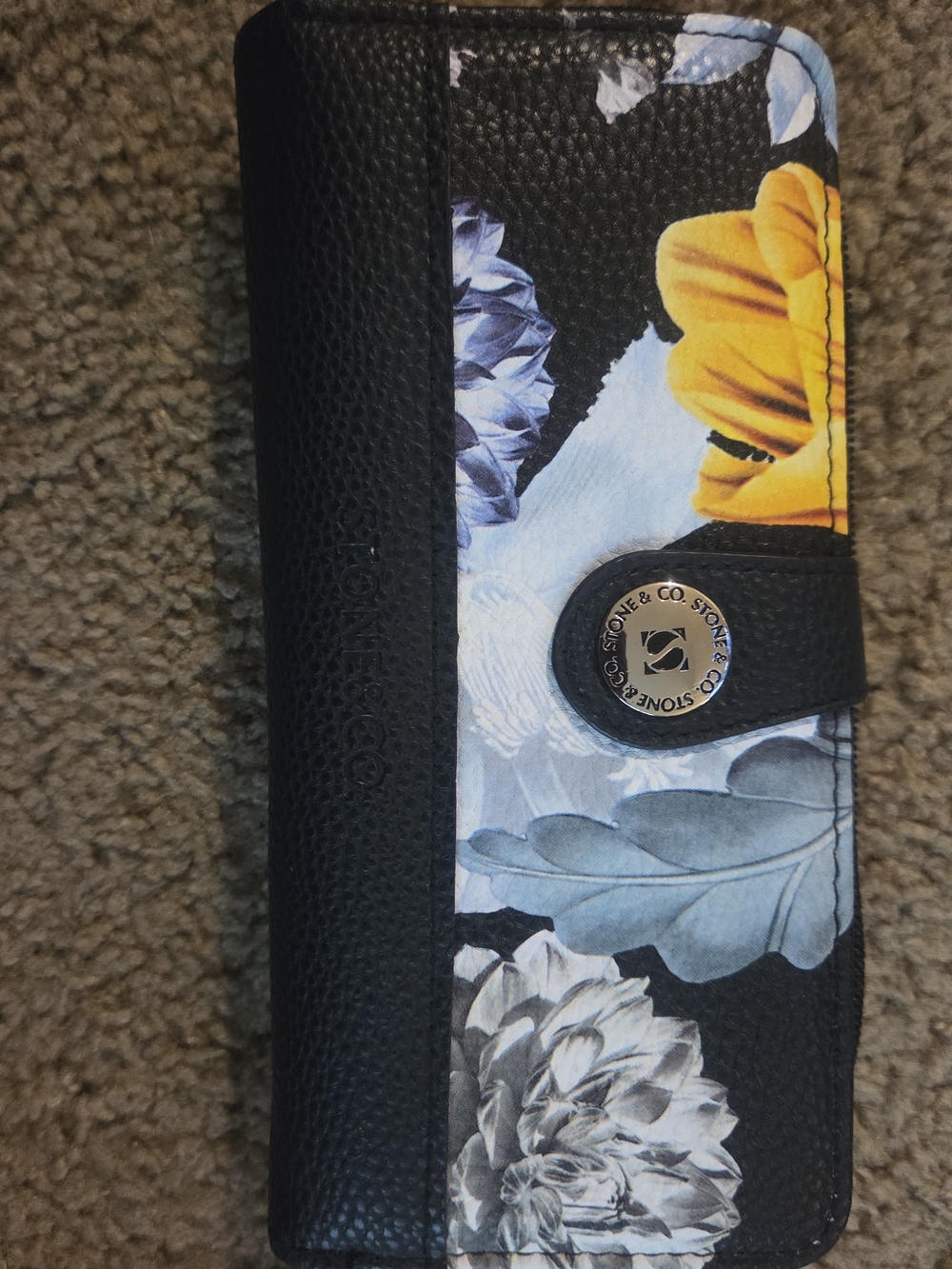 Stone & Co. Black Floral Leather Card Holder with Yellow & Gray Blooms. NWOT